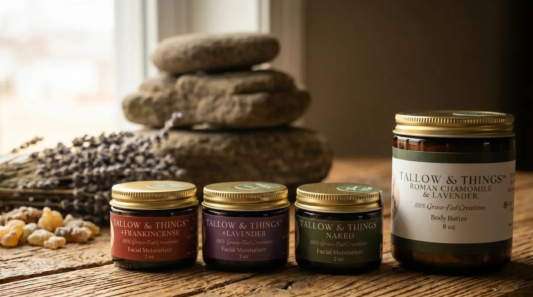 The full Tallow & Things lineup — Frankincense, Lavender, and Natural facial moisturizers with the Roman Chamomile and Lavender Body Butter
