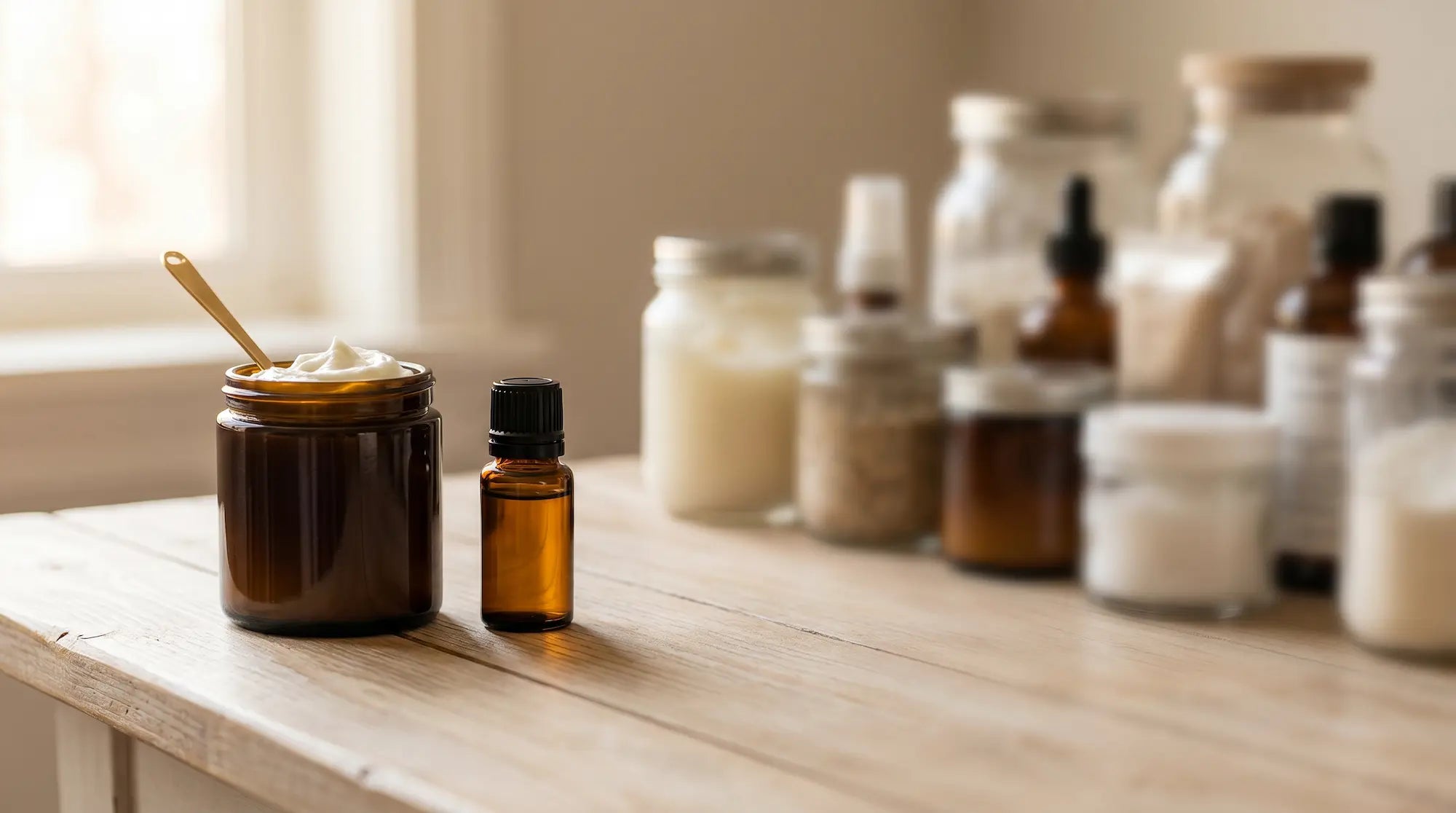 Open jar of whipped grass-fed tallow next to an amber essential oil bottle on a wooden counter, with assorted unused ingredient bottles softly blurred behind.