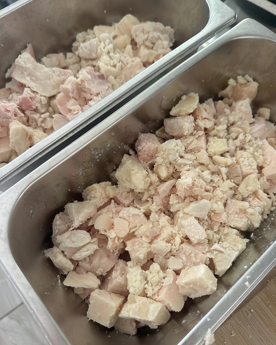 Cut kidney suet prepared for the rendering process.