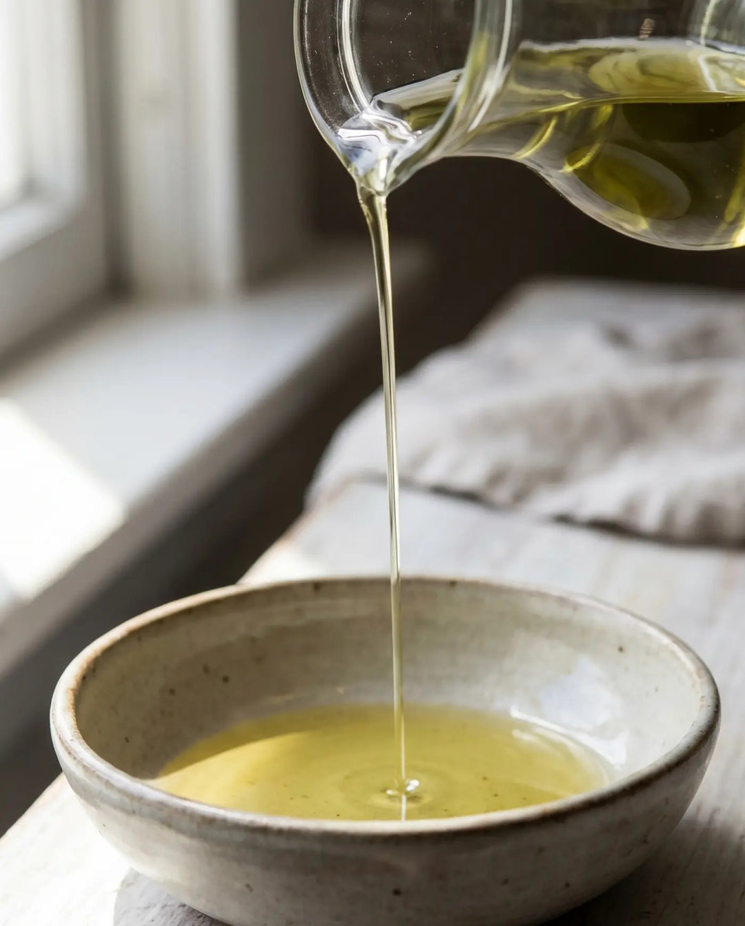 Refined hemp seed oil being poured in a thin stream into a small ceramic bowl on a wood surface in soft window light.