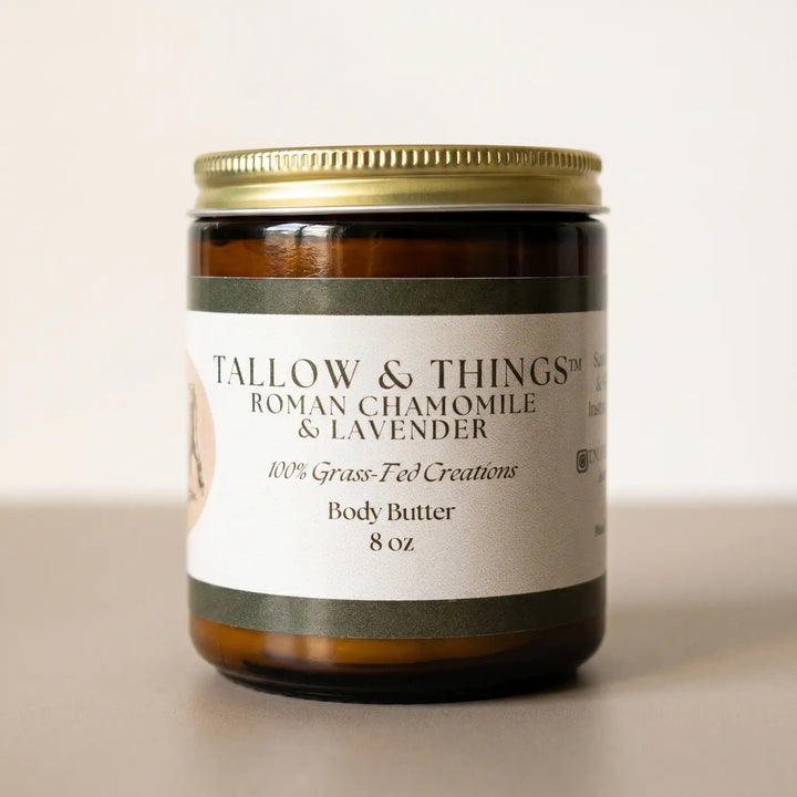 Roman Chamomile and Lavender body butter 8oz jar, ivory and olive label, studio product shot.