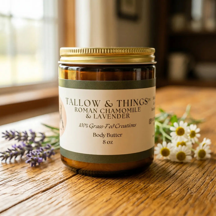 Roman Chamomile and Lavender body butter 8oz jar with lavender and chamomile on oak, farmhouse setting.