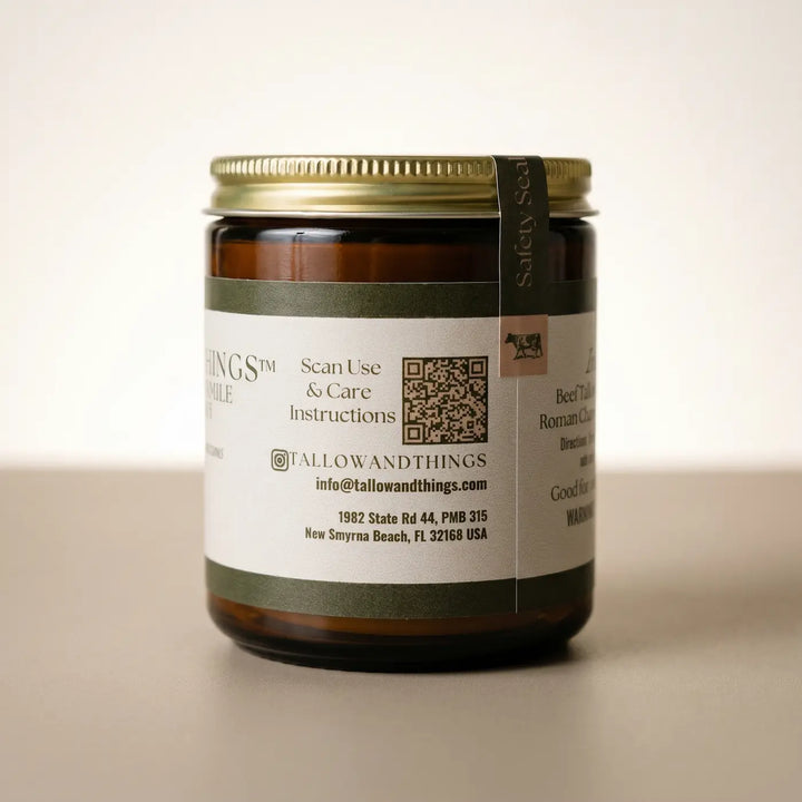 Roman Chamomile and Lavender body butter 8oz jar, QR and use-care side panel, studio product shot.