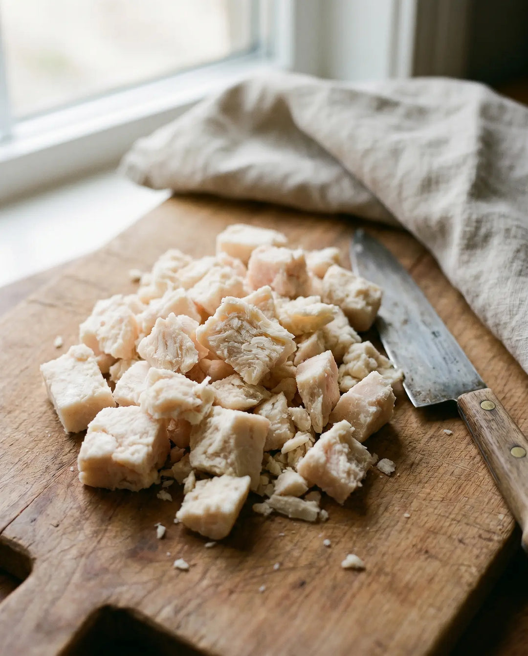 Cubes of rendered tallow on a wooden cutting board beside a knife