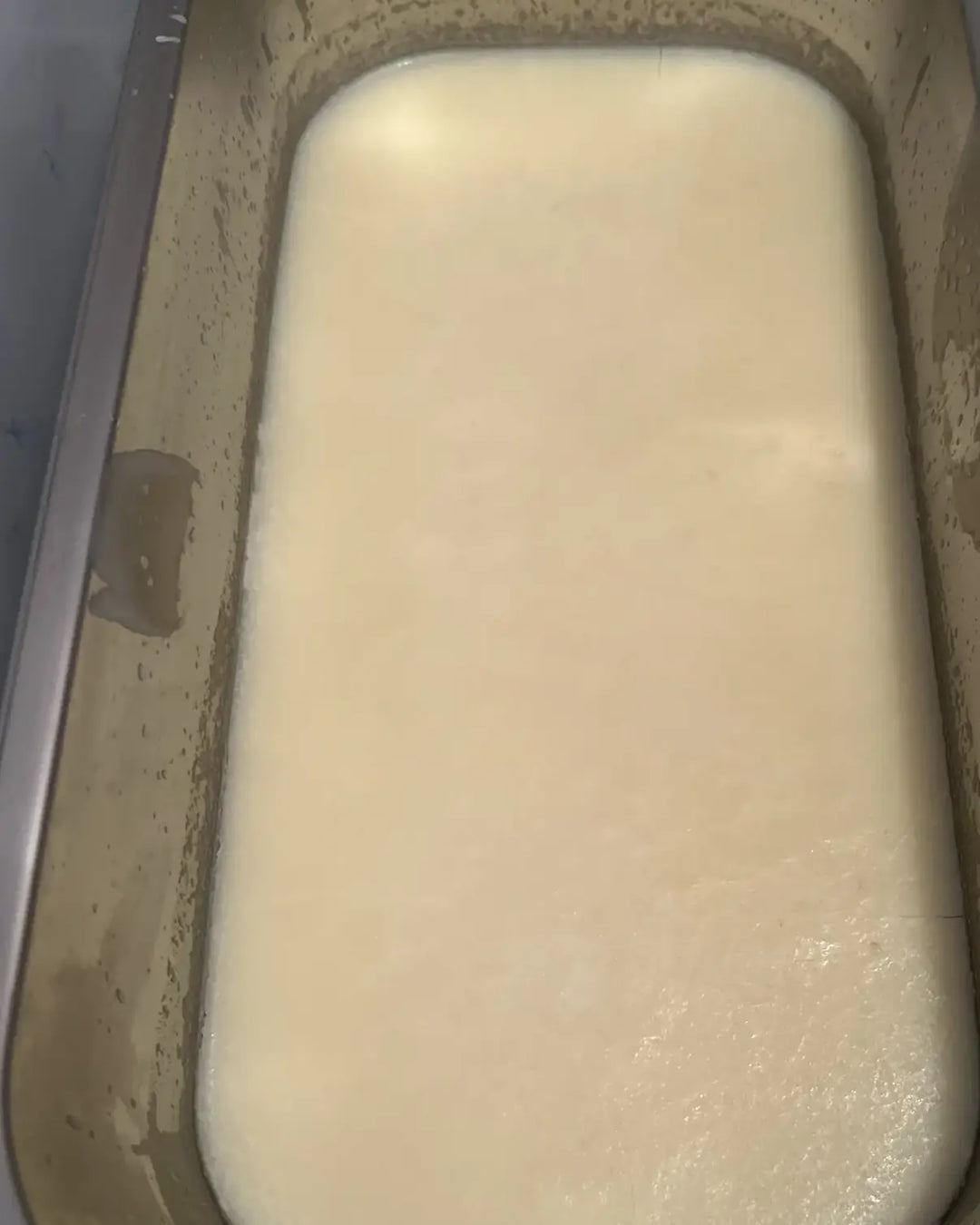 Cream-colored tallow cooling and setting in a steel pan between washes.