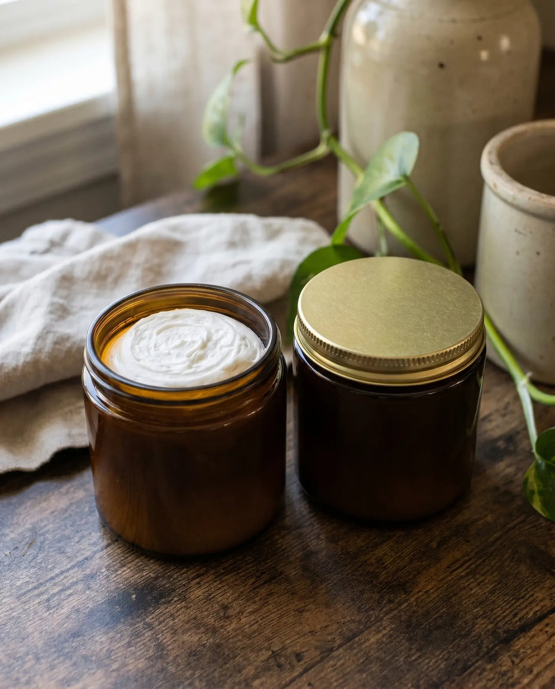 An open whipped white tallow jar beside a closed gold-lidded amber jar on dark wood
