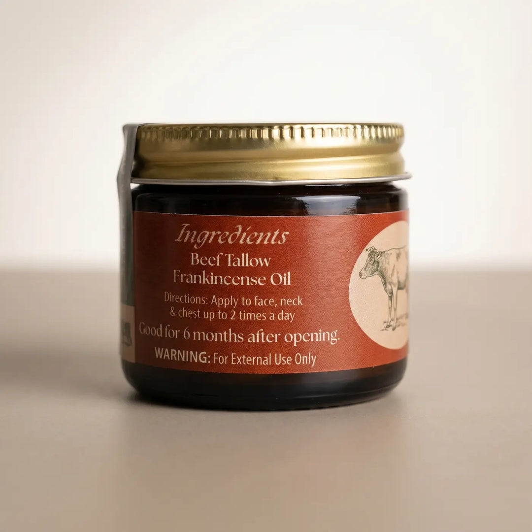 Frankincense tallow facial moisturizer 2oz jar, back label with ingredients and directions.