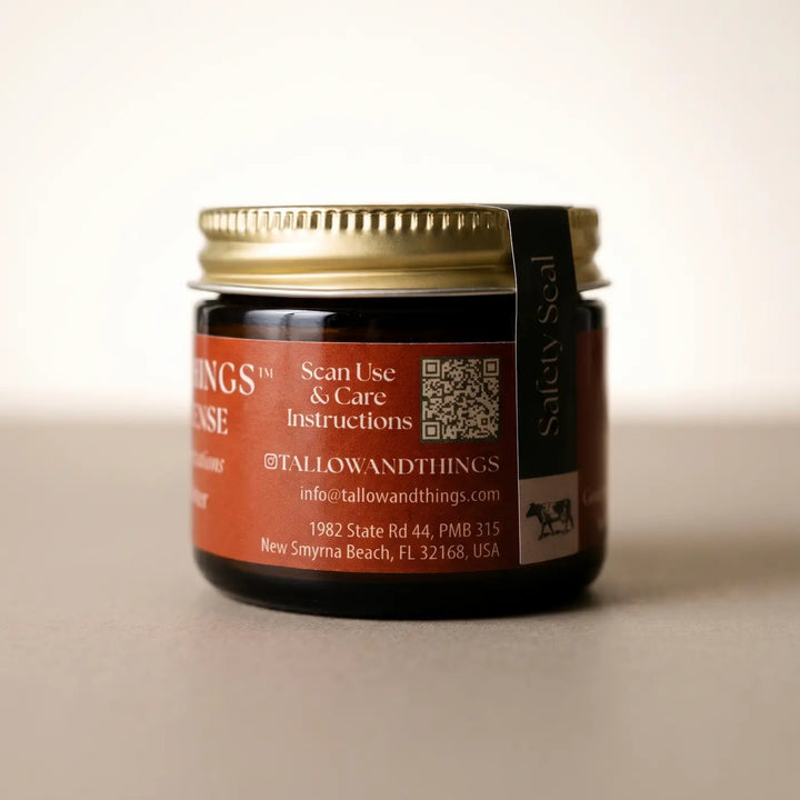 Frankincense tallow facial moisturizer 2oz jar, side label with QR and care instructions.