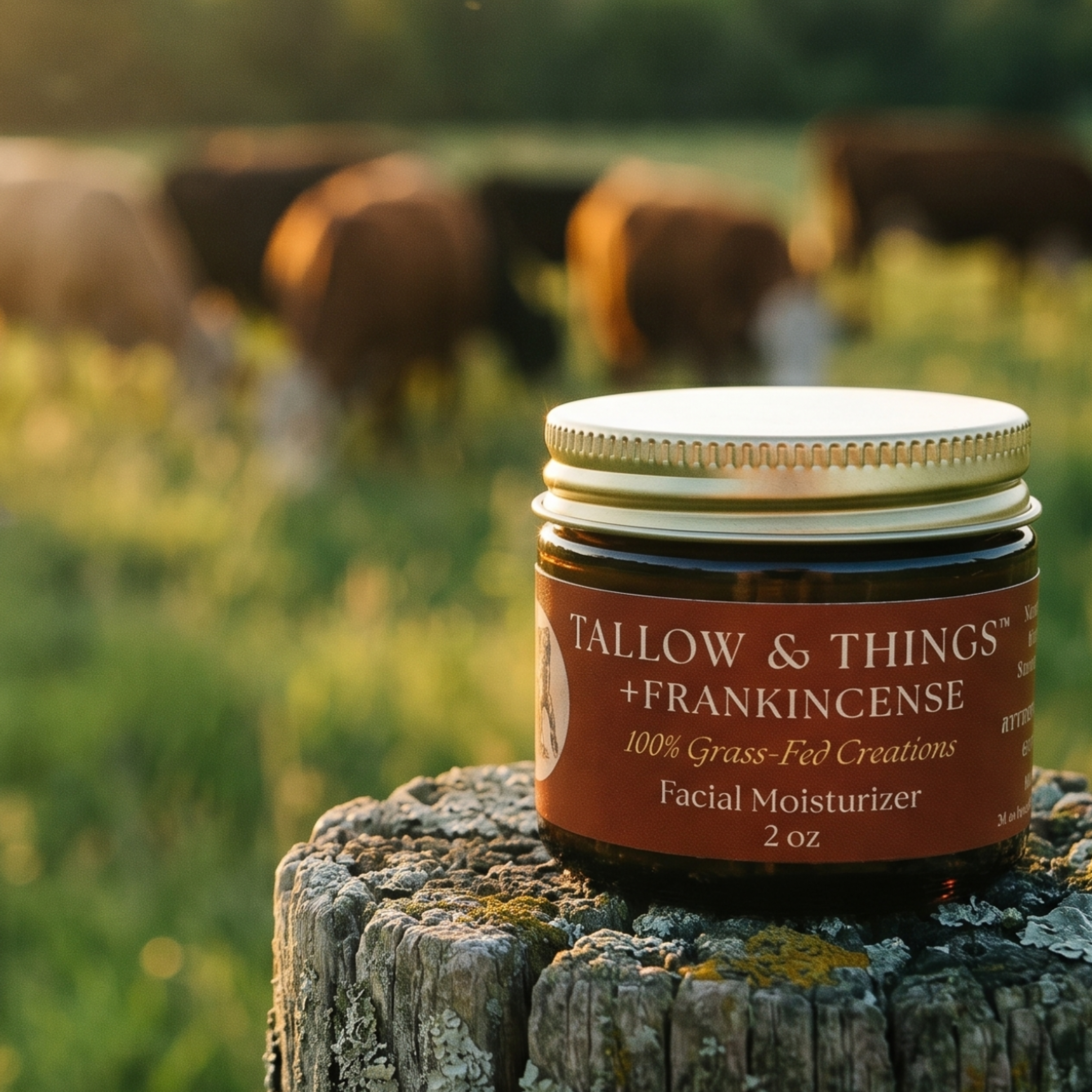 Tallow & Things Frankincense tallow facial moisturizer on fence post with grass-fed cattle at golden hour.