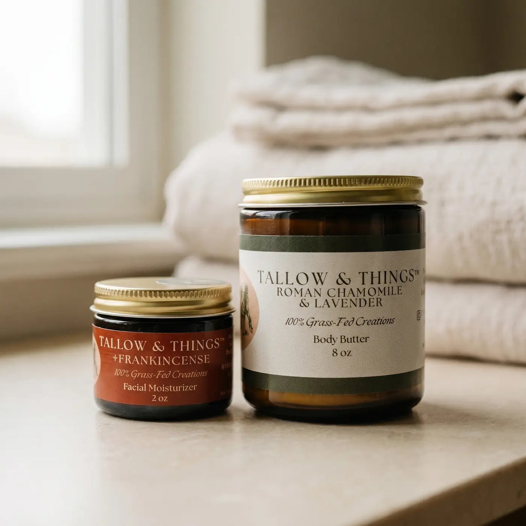 Frankincense facial moisturizer 2oz and Roman Chamomile Lavender body butter 8oz bundle on linen, farmhouse setting.