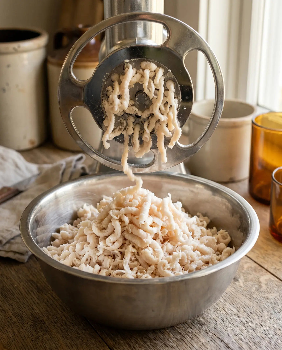 Freshly ground pale suet falling from a steel grinder into a mixing bowl