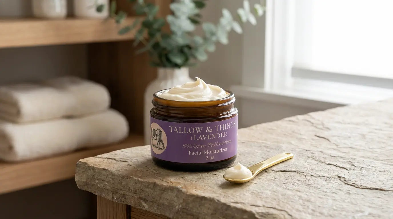 Open jar of Tallow & Things lavender facial moisturizer with a whipped cream swirl on a stone vanity.