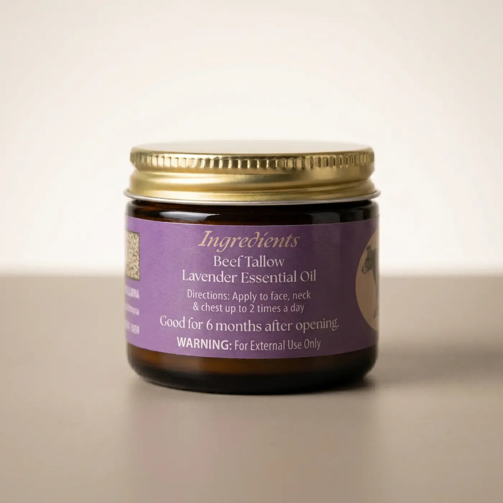 Lavender tallow facial moisturizer 2oz jar, back label with ingredients and directions.