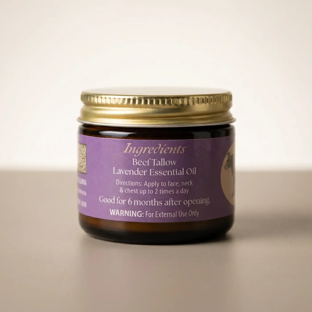 Lavender tallow facial moisturizer 2oz jar, back label with ingredients and directions.