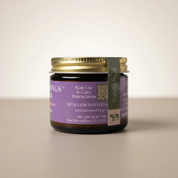 Lavender tallow facial moisturizer 2oz jar, side label with QR code and care instructions.
