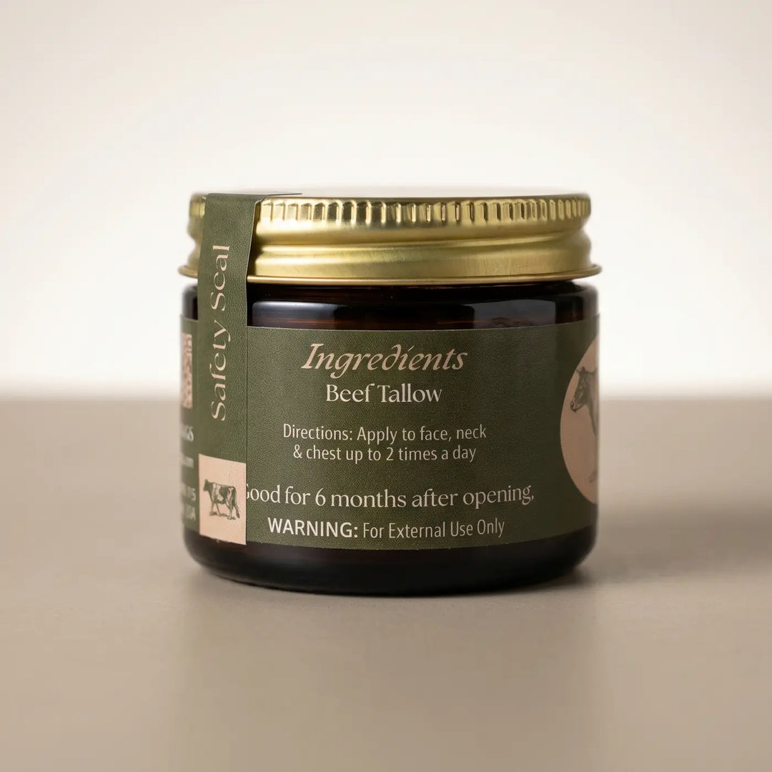 Naked tallow facial moisturizer 2oz jar, back label with beef tallow ingredient and directions.
