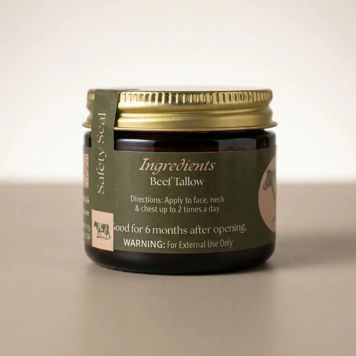 Naked tallow facial moisturizer 2oz jar, back label with beef tallow ingredient and directions.