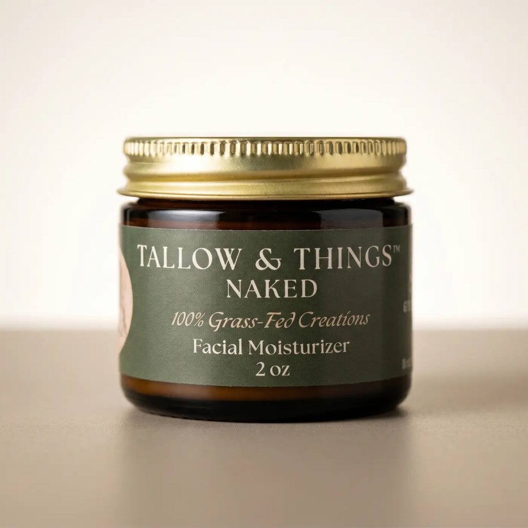 Naked tallow facial moisturizer 2oz jar, sage-green front label, studio product shot.