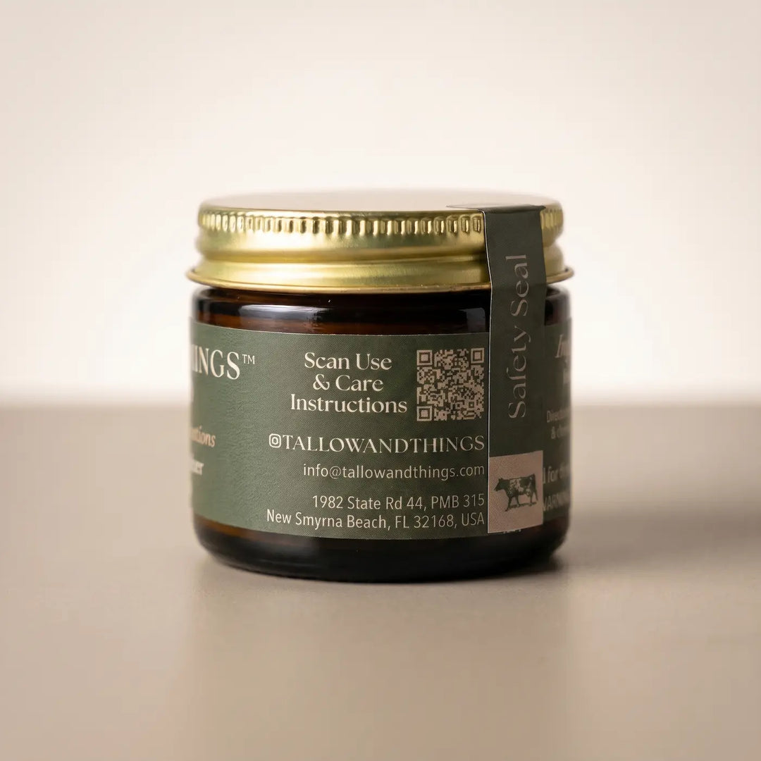 Naked tallow facial moisturizer 2oz jar, side label with QR code and care instructions.