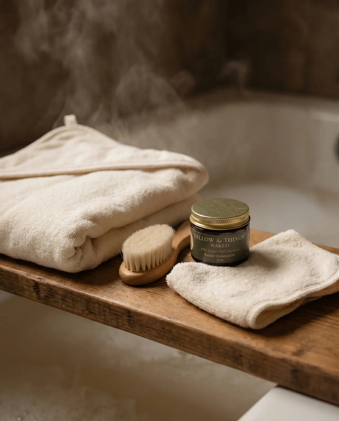 Naked tallow jar with a folded hooded baby towel and wooden brush in a softly lit bath setting.