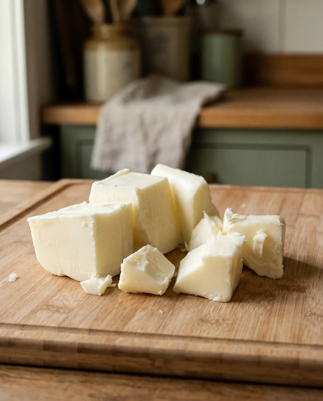 Hand-cut blocks of pure cream rendered tallow resting on a wooden cutting board