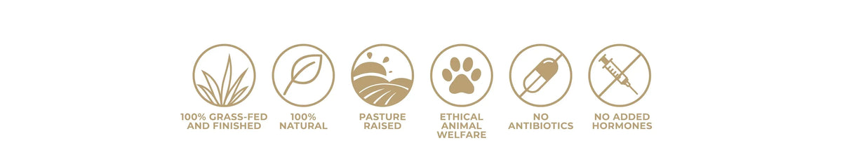 Six gold badges showing grass-fed, pasture-raised, no-antibiotic and hormone-free sourcing standards.