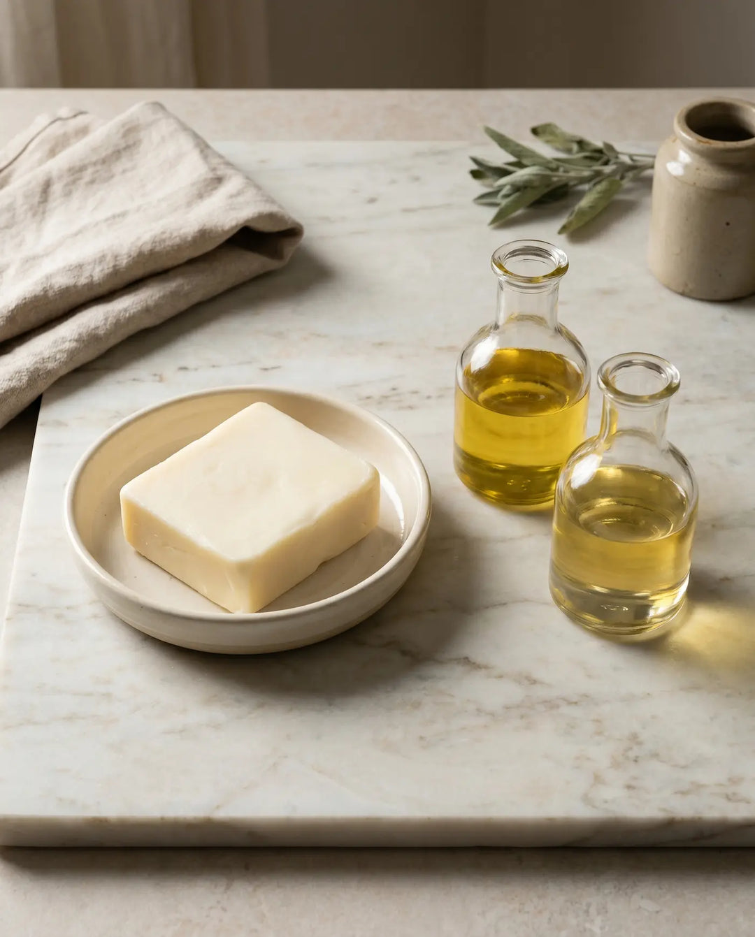 Dense opaque cream tallow in a dish beside clear cruets of thin golden plant oil