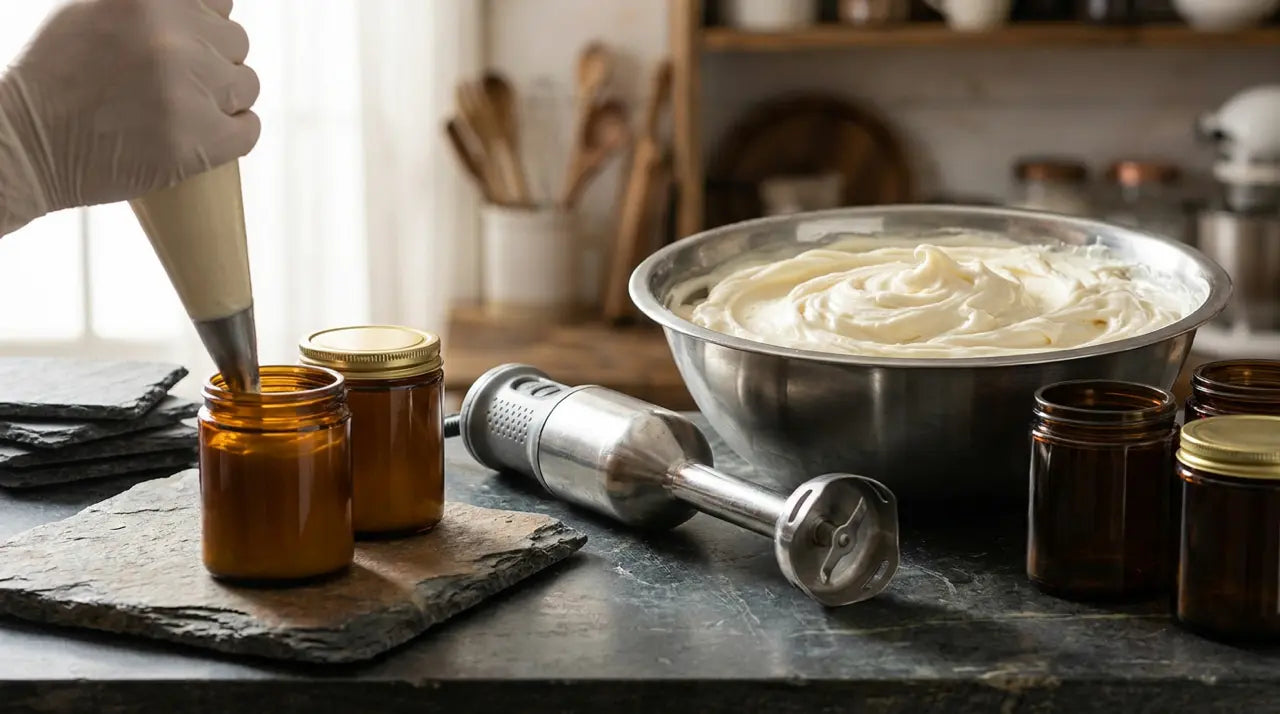 Whipped tallow being piped into amber jars during small-batch production