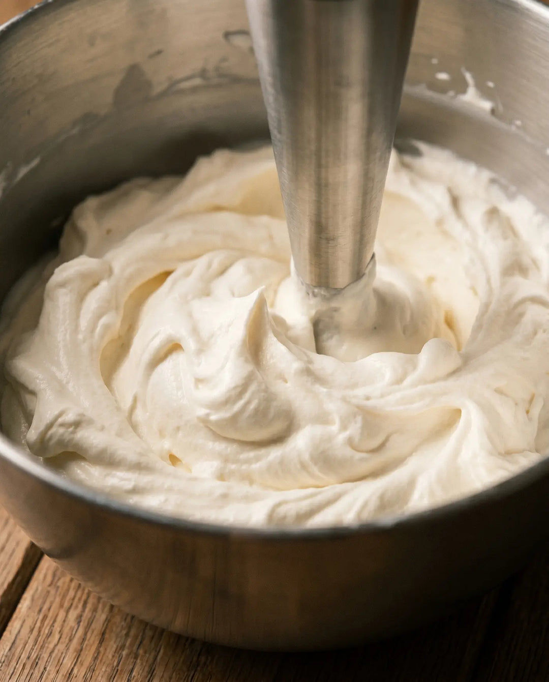 Soft whipped cream tallow being blended into airy peaks in a steel mixing bowl