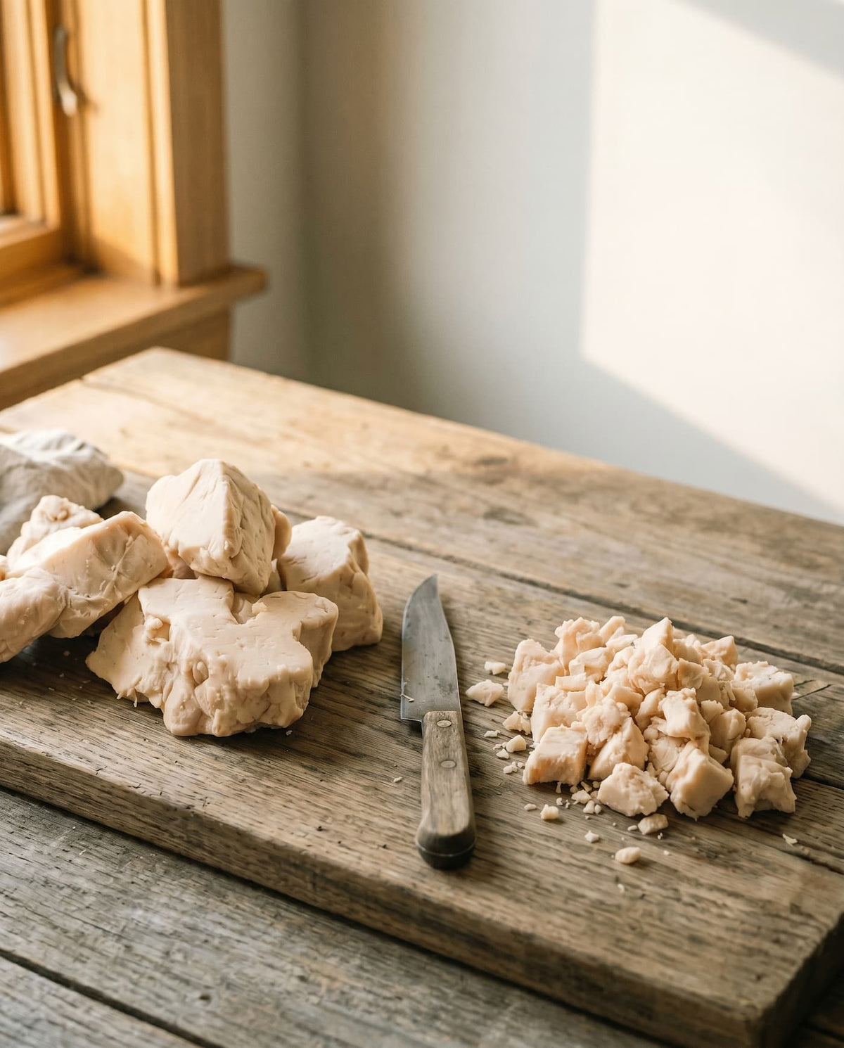 Whole and freshly chopped pale cream suet with a knife on an oak cutting board