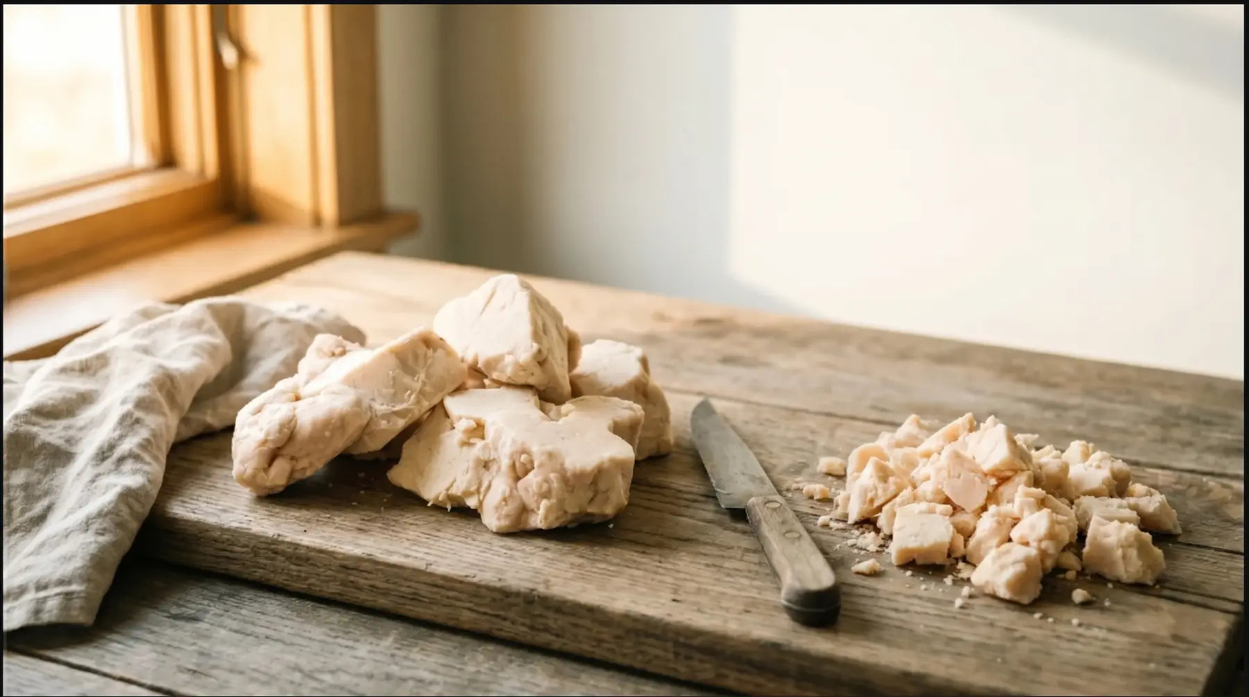Whole and freshly chopped pale cream suet with a knife on an oak cutting board