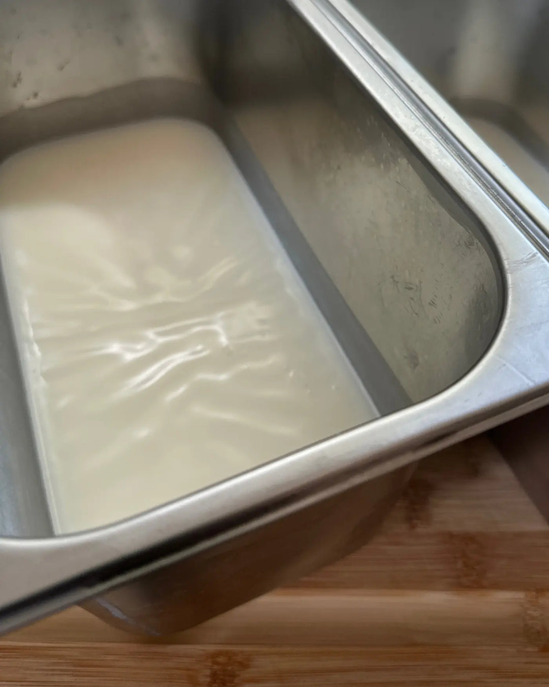 Freshly rendered tallow cooling and setting in stainless steel pans by a window